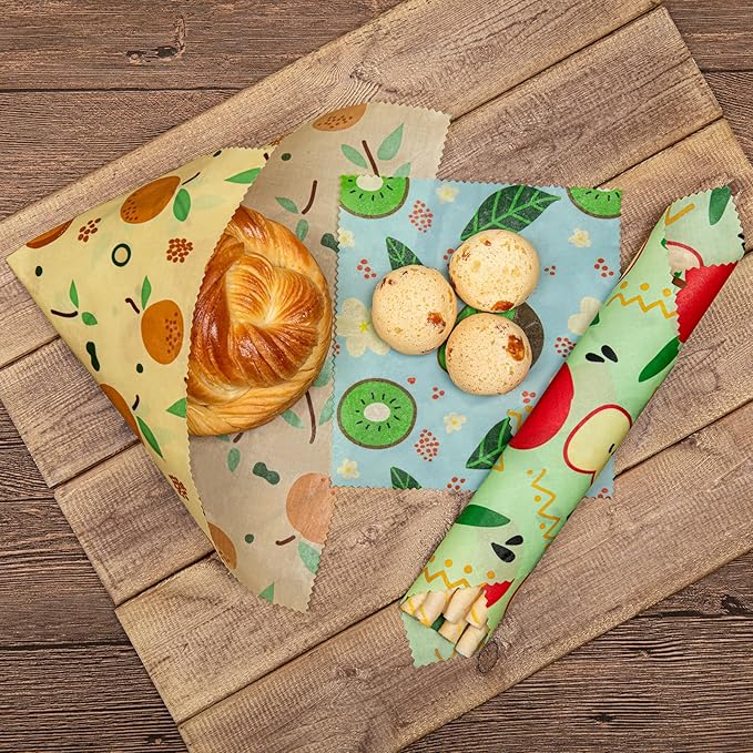 Akeeko Reusable Beeswax Food Wraps - Assorted 9 Packs, Reusable, Plastic-Free Food Storage, 4 Small, 3 Medium, 2 Large Wraps with Assorted Fruits Patterns