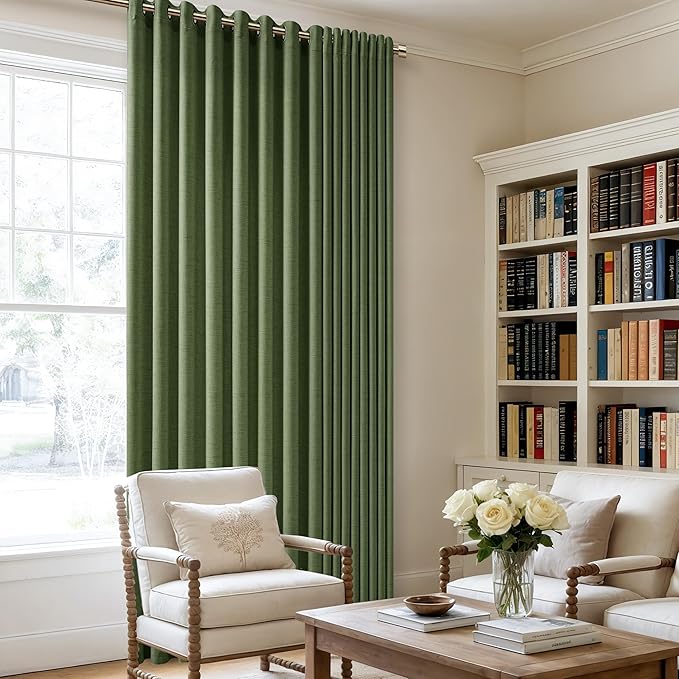 Olive Green Extra Wide 100 Inch Linen Curtains Room Divider 84 Inch Length 1 Panel Sliding Door Curtains for Living Room Moss Green Semi Sheer Curtains Grommet Privacy Farmhouse Curtains