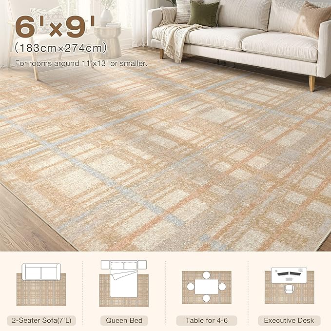 Tortania Area Rug Living Room Rugs - 6x9 Washable Large Soft Neutral Boho Moroccan Bohemian Farmhouse Rug Indoor Floor Carpet for Bedroom Under Dining Table Home Office Decor - NeutralBeige