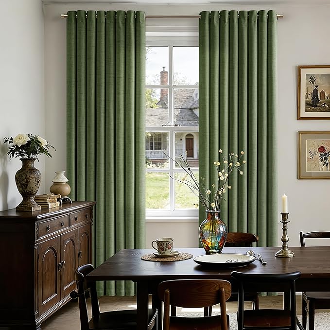 84 Inch Length 2 Panels Set Moss Green Linen Curtains Olive Green Light Filtering Semi Sheer Grommet Drapes Thick Linen Privacy Non-See-Through Curtain for Living Room 52x84