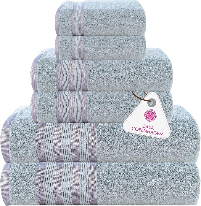 CASA COPENHAGEN Zero Twist 6Pcs 100% Egyptian Cotton Large Designer Towels Gift Set- Dusty Violet, 600 GSM, 2Bath 2Hand 2Washcloths, Bath Towels for Bathroom Set for Women & Men