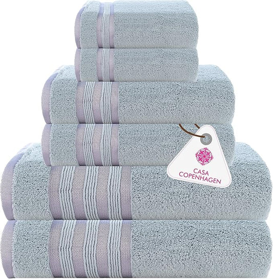 CASA COPENHAGEN Zero Twist 6Pcs 100% Egyptian Cotton Large Designer Towels Gift Set- Dusty Violet, 600 GSM, 2Bath 2Hand 2Washcloths, Bath Towels for Bathroom Set for Women & Men