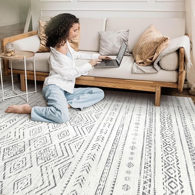 Tortania Area Rug Living Room Rugs- 8x10 Washable Large Soft Neutral Boho Moroccan Bohemian Farmhouse Rug Indoor Floor Carpet for Bedroom Under Dining Table Home Office Decor - Beige Gray