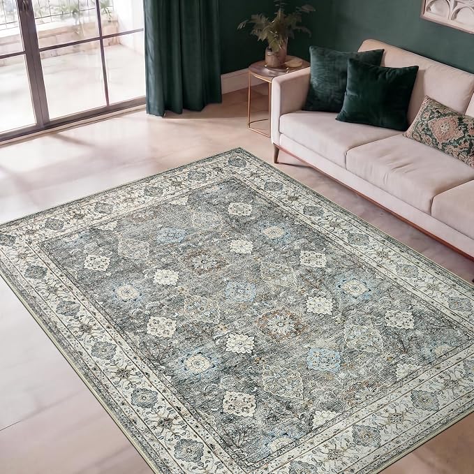 Keen Home Design 5x7 Rug - Machine Washable Area Rug with Non-Slip Backing, Ideal for Living Room, Dining Room, Bedroom - Vintage, Easy Clean, Durable, Low Pile Rug - (5' x 7')