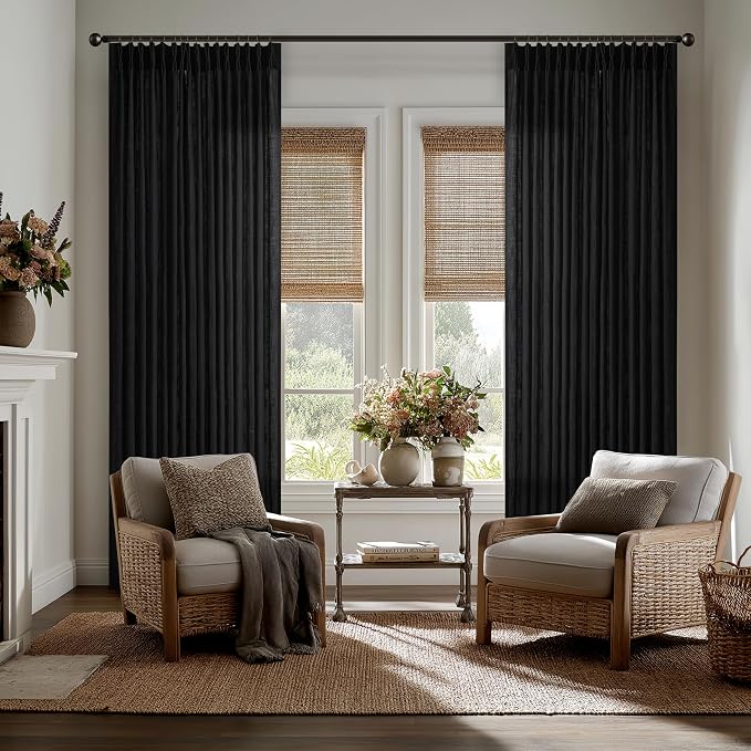 Extra Long Black Linen Curtains 120 Inches Long Modern Neutral Curtain 10 Foot Light Filtering Semi Sheer Back Tab Pinch Pleat Curtain for Tall Ceiling Living Room 2 Panels 50 by 120 Inch Length