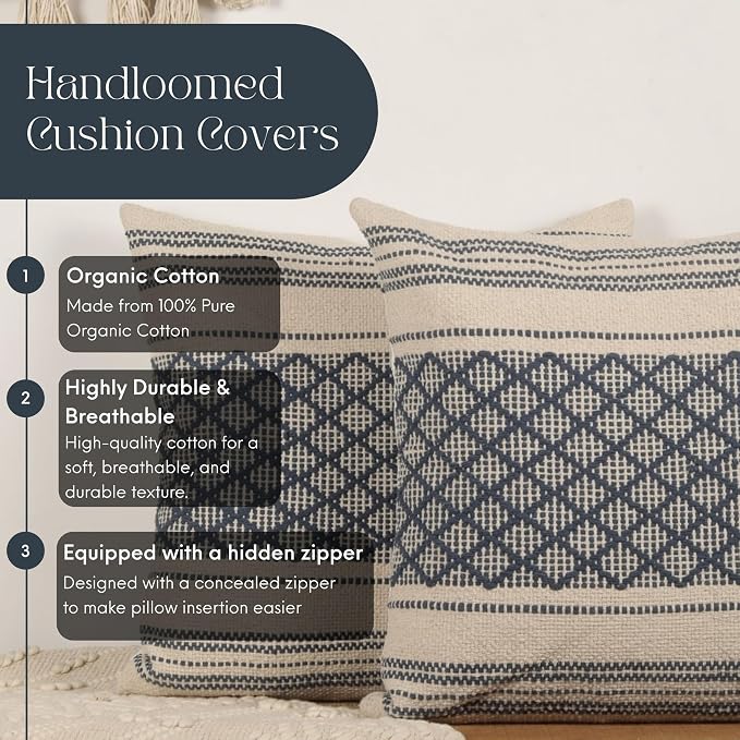 Trade Star Set of 2 Boho Throw Pillow Covers – 20x20 Handloomed 100% Cotton Cushion Covers, Rustic Farmhouse Decor for Couch, Bed, Indoor/Outdoor Use