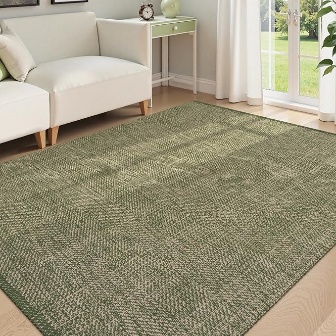 LEEVAN Boho Living Room Rugs 5X8 ft, Washable Woven Cotton Modern Bedroom Area Rug, Green/Natural Braided Floor Carpet for Dining Room Nursery Room, Outdoor Rug for Patio Balcony Decor