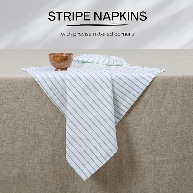 Sea Green Stripe Dinner Napkins (Set of 12), 18x18 Inch, 100% Cotton, Machine Washable, Classic Striped Table Linen for Beach Lunches, Formal Events, Outdoor Dining & Everyday Use
