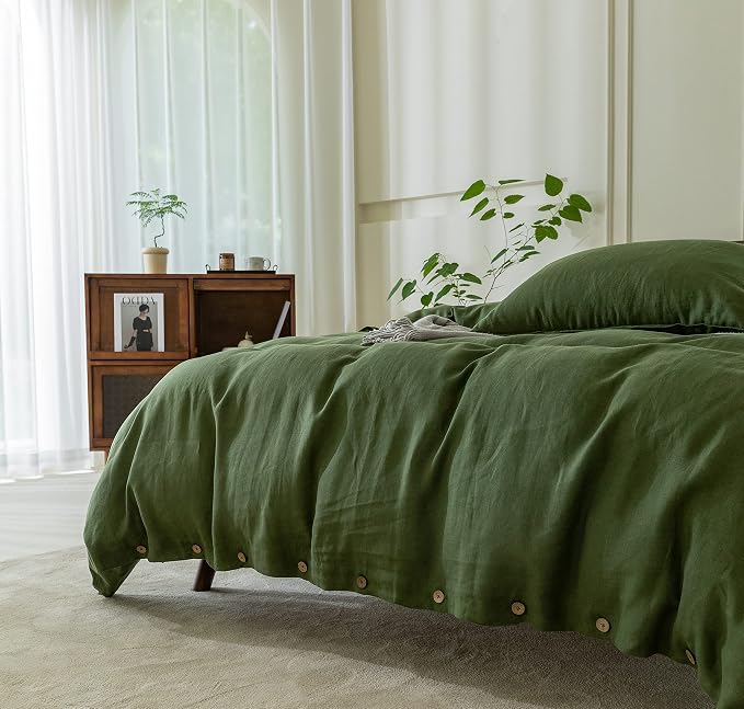 EVERLY 100% Pure Linen Duvet Cover Set King Size104X90Inch 3pcs (1 Duvet Cover,2 Pillowcases) Soft and Breathable for All Season with Coconut Button Closure, Suitable for Hot Sleepers-Mossy Green