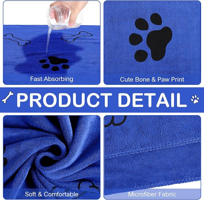 Chumia 8 Pcs Dog Towels for Drying Dogs Cats Pet Towels Bulk Puppy Microfiber Fast Drying Paw Bath Bathing Supplies Absorbent for Medium Pets(40 x 24 Inch,Dog Paw and Bone,Dark Blue)
