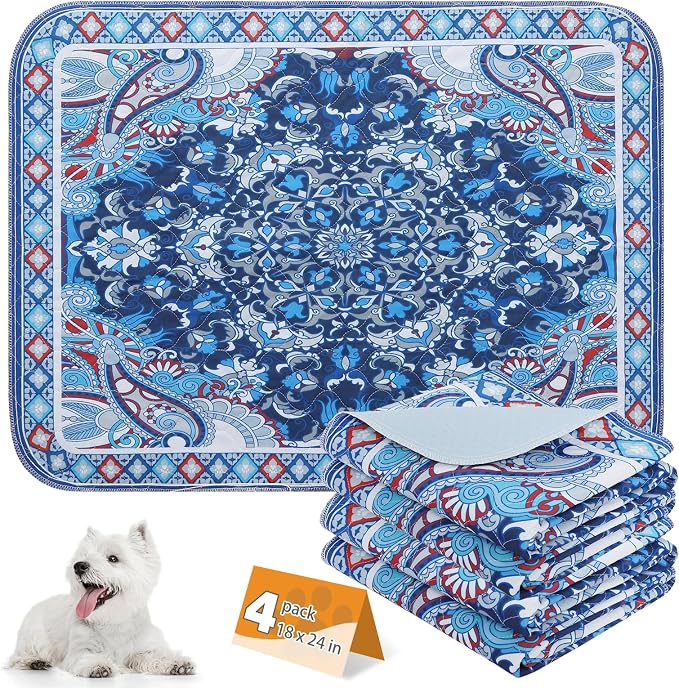 KOOLTAIL Washable Pee Pads for Dogs, 4 Pack Super Absorbent Reusable Puppy Training Pads Waterproof, Nonslip and Leak-Proof Dog Pee Pads, Large Pet Mats Whelping Pads for Floor, Crate, Couch 18"x24"