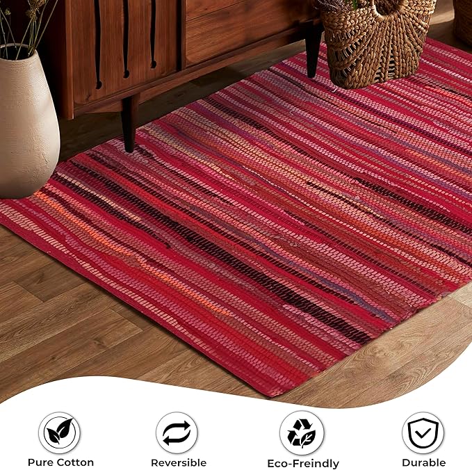 Cotton Hand Woven Chindi Rug 3x5 Feet - Red, Reversible Throw Indoor Decorative Carpet Ideal for Entryway, Kitchen, Bedroom | Pink Farmhouse Accent Soft Durable Outdoor Floor Rag Rugs for Nursery