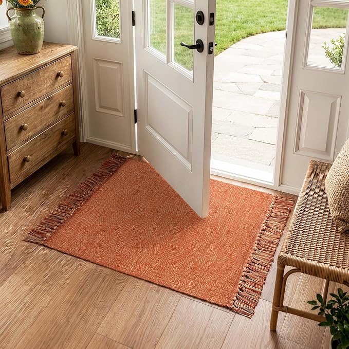 Collive Small Bathroom Rug, 2' x 3' Hand-Woven Low Profile Front Entryway Rug, Terracotta Cotton Reversible Washable Kitchen Rug Modern Farmhouse Carpet for Foyer Bedroom Front Door Fall Decor