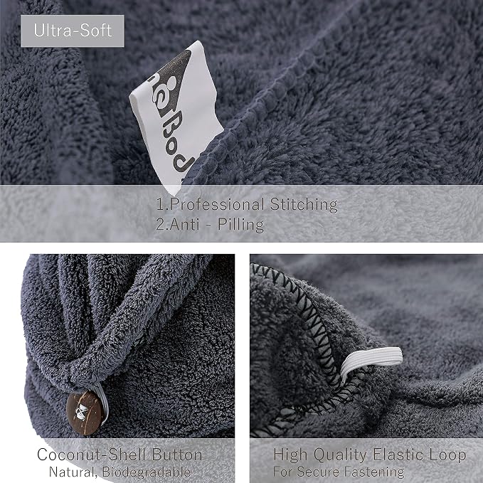myHomeBody Hair Towel Wrap, Quick Drying Turban, Absorbent Cap – Blue | Hair Turban Towel for wet hair, Ultra Soft Charcoal Fiber Cap, Towel Head Wrap for bathing with Coconut Shell Button