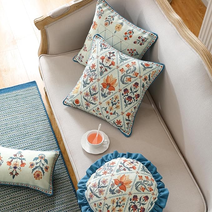 ISAENNE Design Square Linen Throw Pillow Covers 18"x18" Pack of 2, Blue Floral Country Cushion Covers with Colorful Wildflower Pattern Decor Pillowcases for Bed,Living Room,Outdoor,Car