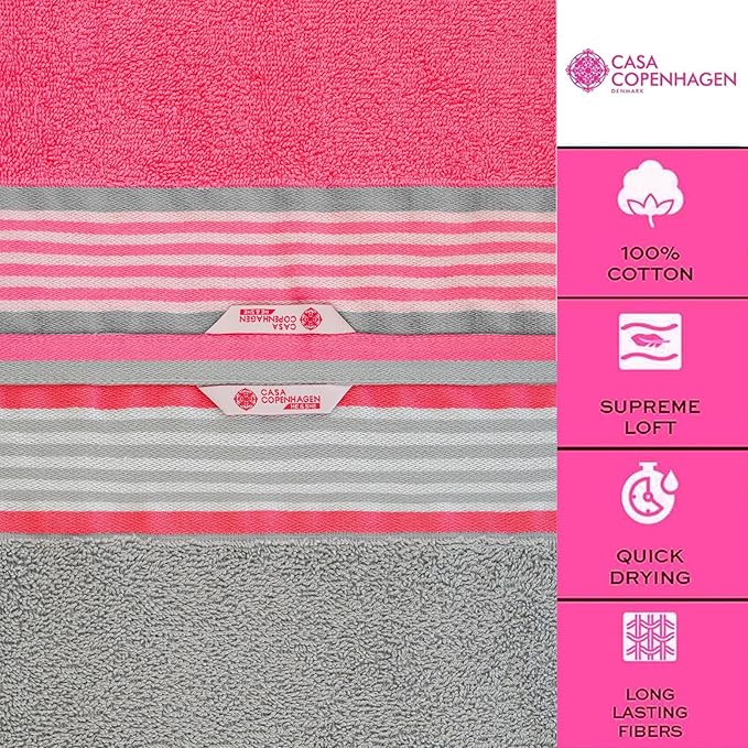 CASA COPENHAGEN He & She 2Pcs 100% Egyptian Cotton Large Designer Bathsheet Towels Gift Set- Grey Violet-Dusty Pink, 550GSM, 35"x70" 2Bath Sheet Towels for Bathroom Set for Women & Men