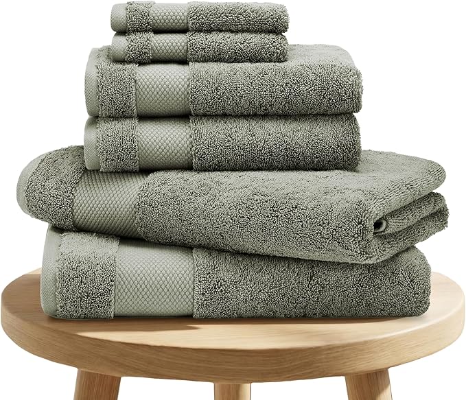BIOWEAVES 100% Organic Cotton Bath Towel Set | 700 GSM Plush 6-Piece Premium Towel Set GOTS Certified, 2 Bath Towels, 2 Hand Towels & 2 Washcloths - Sage