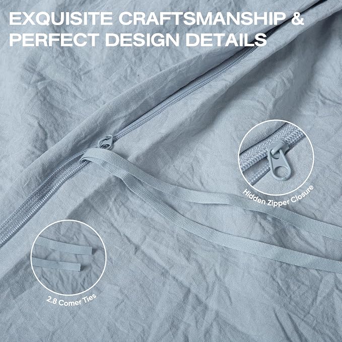 100% Pure French Flax Linen Blend Duvet Cover Set Queen Size, 3-Piece Breathable Bedding Set with Long Zipper Closure & Corner Ties, Soft, Lightweight & Durable Bedding Ideal for Hot Sleepers