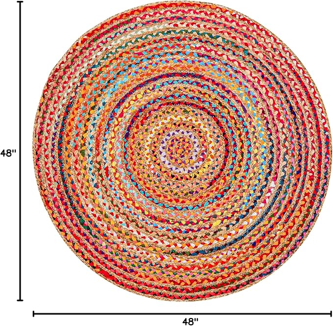 Hausattire Bohemian Braided Rug 4' Round - Multi Color, Circle Farmhouse Jute Cotton Area Rag Rug for Kitchen, Kids Bedroom, Playroom | Colorful Hand Woven Reversible Pet Friendly Carpet