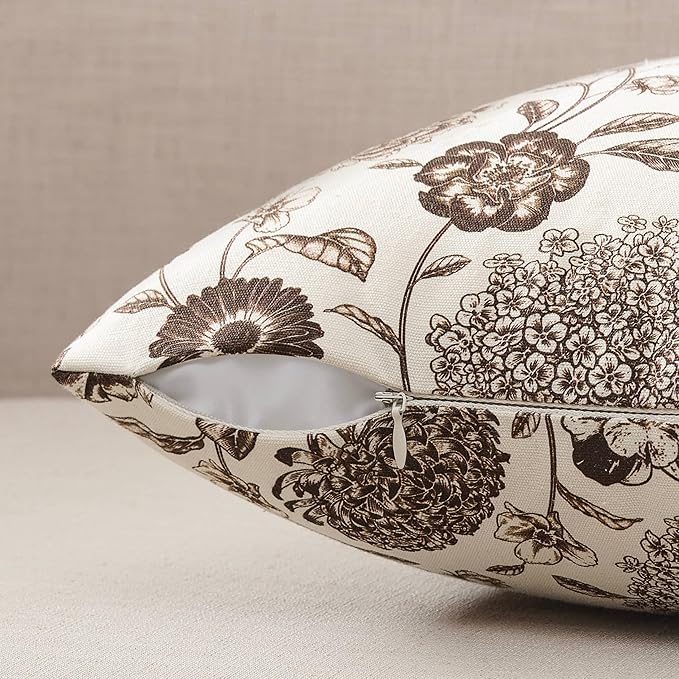 100% Cotton Botanical Throw Pillow Covers Set of 2, 20x20 Inch Chocolate, Farmhouse Double-Sided Floral Print Decorative Cushion Covers Pillow Cases Boho Home Decor