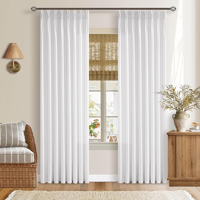 80 Inch Pinch Pleated Linen Curtains 2 Panels Set for Living Room Bedroom Boho Farmhouse Thick Linen Textured Semi Sheer Back Tab Pinch Pleat Hooks Rings Window Curtain Snow White 50 by 80 Length