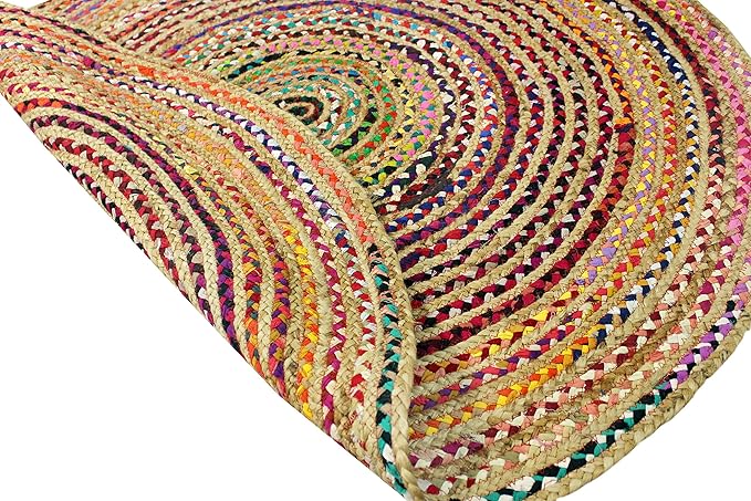 COTTON CRAFT Jute Cotton Chindi Braid Rag Rug - Boho Farmhouse Rustic - Handwoven Reversible Natural Jute and Recycled Cotton Throw Area Rug Carpet - Home Décor - 3 Feet Round Multi Color