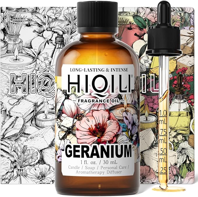 HIQILI Geranium Fragrance Oil for Diffuser & Soap Making - 1 Fl Oz | Essential Oil for Candle & Body Lotion Making, Long-Lasting Scents, Car Freshies - 30 ML