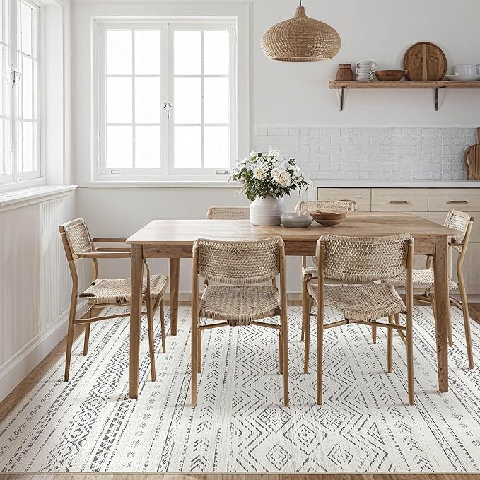 Tortania Area Rug Living Room Rugs- 8x12 Washable Large Soft Neutral Boho Moroccan Bohemian Farmhouse Rug Indoor Floor Carpet for Bedroom Under Dining Table Home Office Decor - Beige Gray
