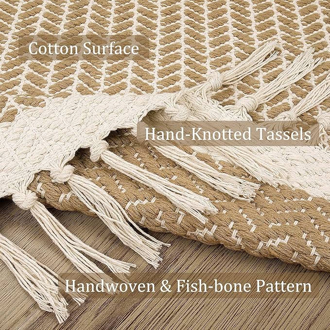 Lahome Belle Boho Kitchen Runner, 2x4.3 Bathroom Runner Rug Lightweight Entryway Rugs Woven Cotton Throw Mat with Tassels, Farmhouse Non Shedding Washable Low Pile Runners for Bedroom Doorway, Khaki