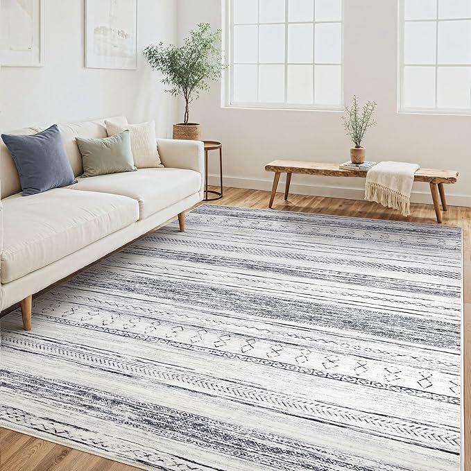 Tortania Area Rug Living Room Rugs - 5x8 Washable Large Soft Neutral Boho Moroccan Bohemian Farmhouse Rug Indoor Floor Carpet for Bedroom Under Dining Table Home Office Decor - Grey