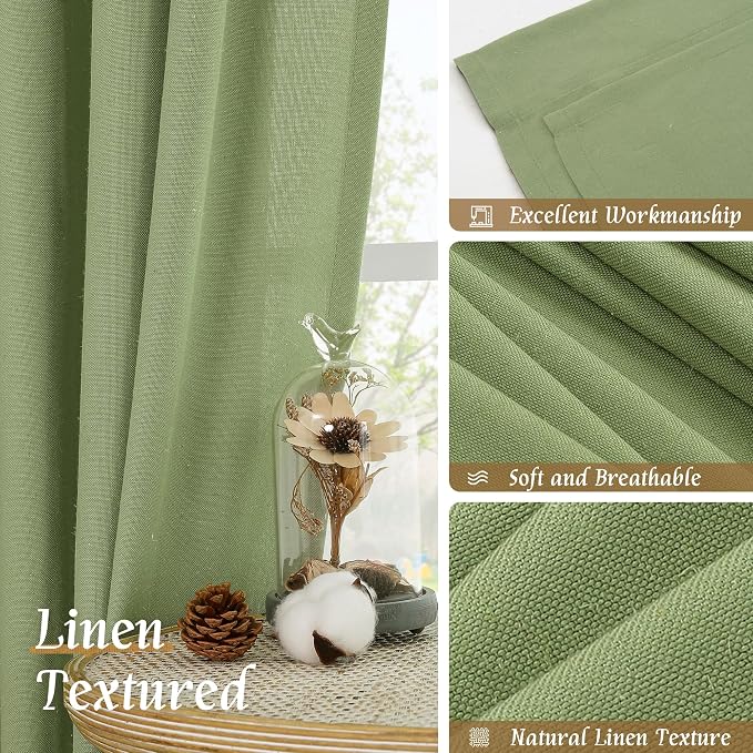 LAMIT Bedroom Linen Curtains 48 Inch Length 2 Panels, Soft Faux Linen Light Filtering Panels Rod Pocket Farmhouse Privacy Drapes for Kitchen/Window/Loft Room, 42 x 48 Inch, Sage Green