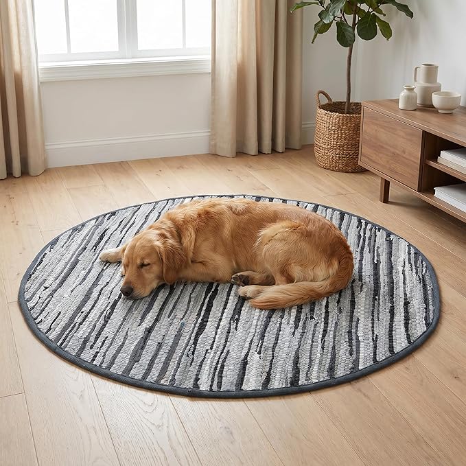 Cotton Hand Woven Chindi Area Rug 4 Feet Round - Charcoal, Reversible Large Durable Indoor Décor Carpet Ideal for Bedroom, Living Room, Nursery | Grey Soft Farmhouse Circle Floor Mat for Home Space