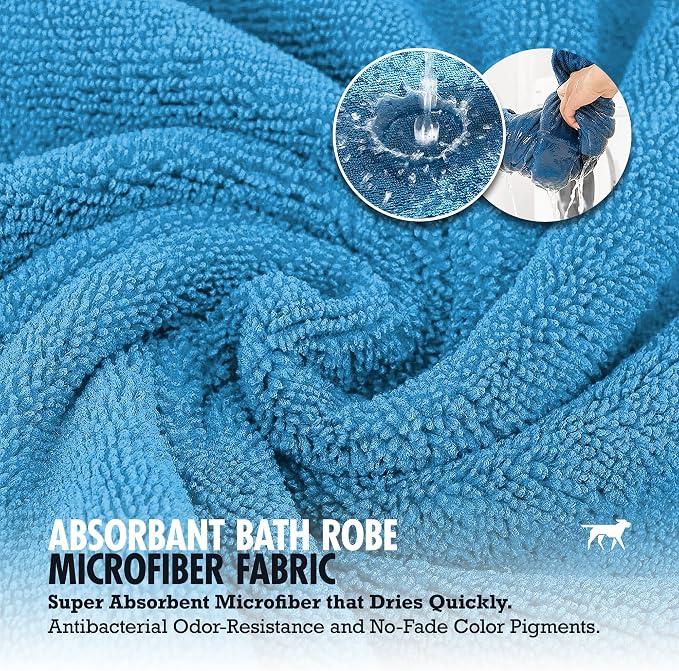 Tuff Pupper Fast Drying Dog Bath Robe | 800 GSM Plush Dog Towel Bathrobe/Dressing Gown | Super Absorbent Pet/Puppy Bathrobe | Adjustable Hood & Belly Strap | Super Soft | Fast Drying (S, Blue)