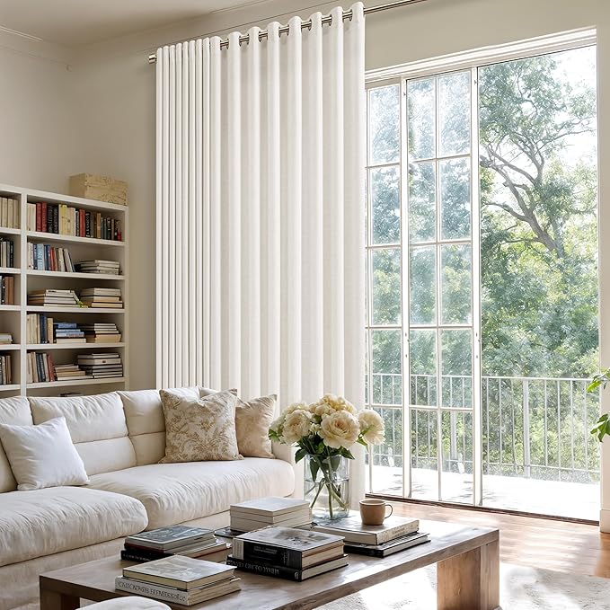 72x96 Inch Linen Curtains for Living Room Divider Grommet Extra Wide 1 Panel Natural Drapes Patio Sliding Glass Door Beige White Light Filtering 96 Inch Length Curtains Ceiling Window 8Ft