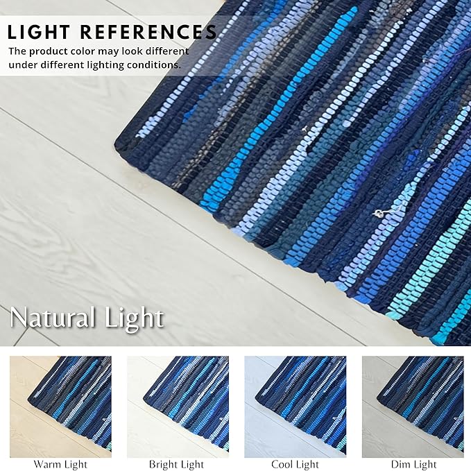 Ramanta Home Cotton Rag Rug 2'x3' - Navy, Braided Recycled Rugs for High Traffic Area, Boho Farmhouse Rug for Living Room, Kitchen, Entryway Bedroom Floor Mat - 24"x36"