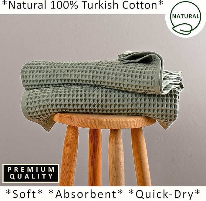 PÜSKÜL Natural 100% Turkish Cotton Waffle Bath Towels Set of 2-Piece | 32x63 inch Extra Large Absorbent Quick-Dry Lightweight Spa Towel | Luxury Sauna Accessories (Sage Green, Bath Towels - Pack of 2)