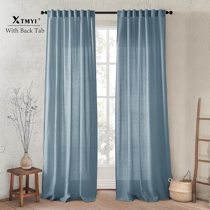 XTMYI Dusty Blue Curtains 63 Inches Long for Bedroom,Light Filtering Country Vintage Hooks Pleated Back Tab Semi Sheer Linen Curtains for Living Room 2 Panels Set,Grey Stone Blue