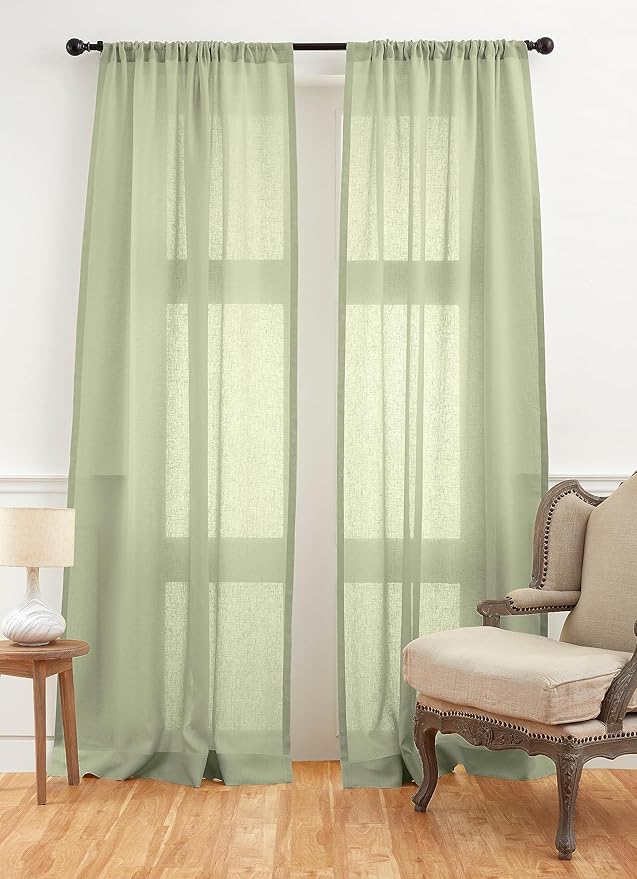 Solino Home Sage Green Sheer Curtain 132 Inches Long - 100% Pure Linen European Flax Window Treatment Panel 52 x 132 Inch - Light Filtering Rod Pocket Curtain for Living Room, Bedroom - 1 Panel