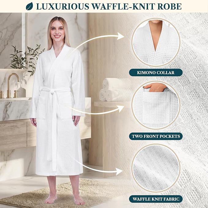PAVILIA Womens Waffle Knit Robe Lightweight Cotton Blend Full Length House Bathrobe with Pockets
