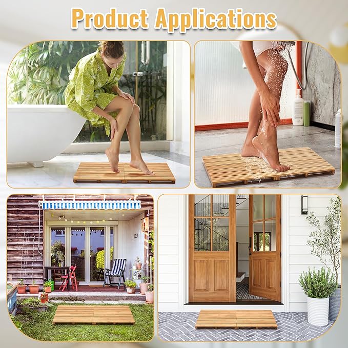 Foldable Bamboo Bath Mat for Shower, 31.49" x 17.71" in Non-Slip Wood Bathroom Rug, Quick-Dry Waterproof Carpet for Indoor Outdoor Use by Sink, Tub, Pool