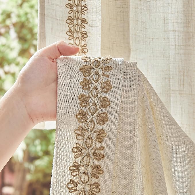 jinchan Beige Linen Blend Curtains with Woven Trim Boho Curtains 108 Inches Extra Long 2 Panels Living Room Bedroom Light Filtering 50 Inches Wide Rustic Farmhouse Drapes Rod Pocket Back Tab Ecru