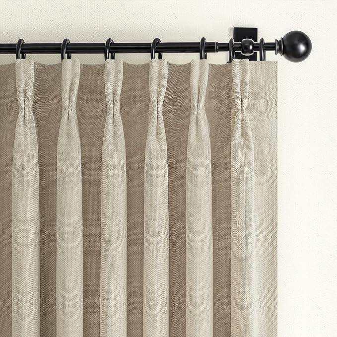 Extra Short Blackout Thick Natural Linen Curtains 45 Inches Long for Kitchen Windows, Memory Shape Pinch Pleated Double Layer Mini Curtain Thermal Energy Efficient Cottage Core Drapes 2 Panels Taupe