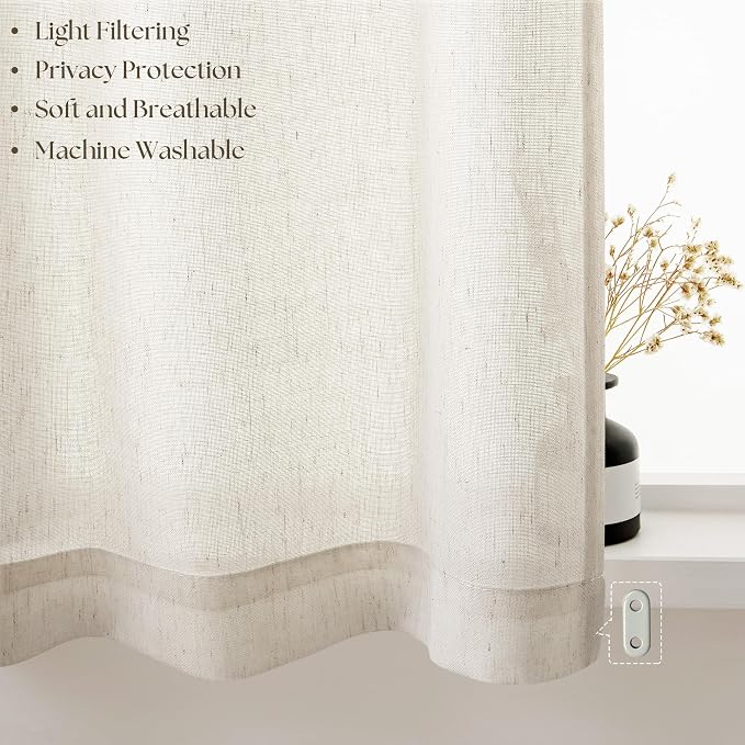 Beige Semi Sheer Linen Kitchen Curtains 24 Inch Length 2 Panels | Short Curtains, for Cafe Bathroom Basement Laundry Half Window, Rod Pocket Drapes, Privacy Light Filtering, 30Wx24L Inches