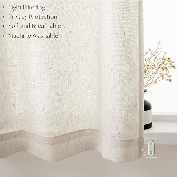 Natural Linen French Door Curtains Set of 2, Light Filtering Privacy Window Curtains 25 x 40 Inch Length with Dual Rod Pocket and Tie Back Drapes Beige Semi Sheer Front Door Curtain W25xL40