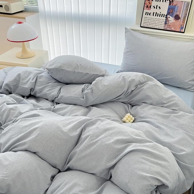 mixinni Blue Striped Duvet Cover Twin Size - 100% Washed Cotton Pinstripe Comforter Cover with Zipper Closure, Lightweight & Breathable, 3 Pieces Minimalist Stripes Pattern Printed Bedding Set