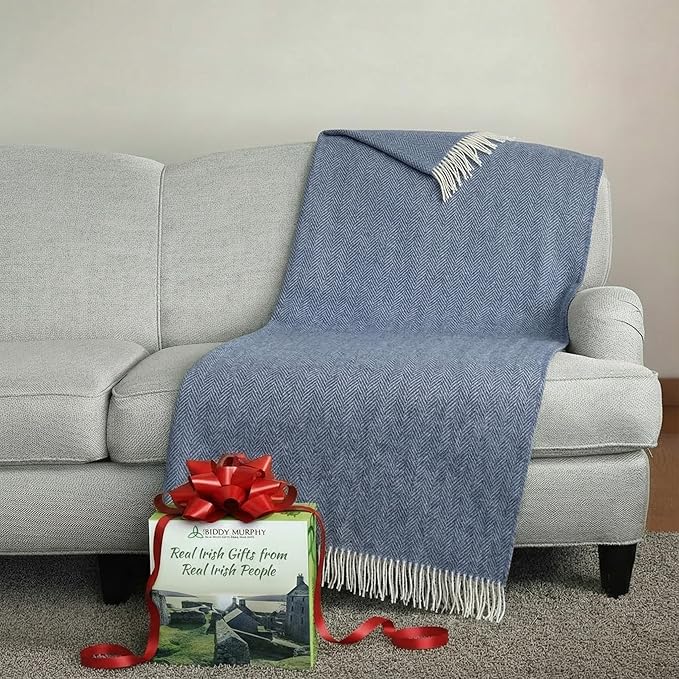 Biddy Murphy Irish Merino and Cashmere Wool Throw Blanket, Made in Ireland, Heirloom Quality, 54" x 71", Denim and Cream Herringbone Pattern