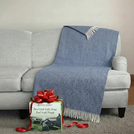 Biddy Murphy Irish Merino and Cashmere Wool Throw Blanket, Made in Ireland, Heirloom Quality, 54" x 71", Denim and Cream Herringbone Pattern