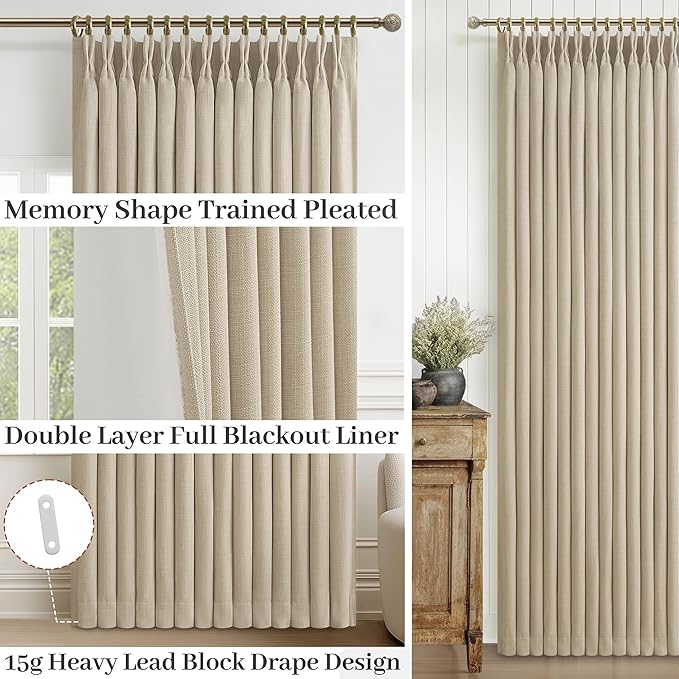 Pleat Natural Beige Black Out 102 Inch Long Privacy Curtains for Room Divider 2 Panels Set, Elegant Memory Trained Pinch Pleated Linen Energy Efficient Drapes for Dorm Room Window 40"W x 102"L Length