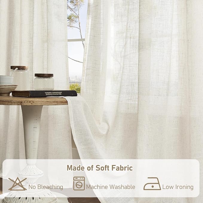 LAMIT Semi Sheer Linen Curtains 90 Inch Length, Cream Ivory Light Filtering Panels Back Tab and Rod Pocket Decor Drapes for Bedroom/Living Room, Natural, 2 Panels, 34 x 90 Inch