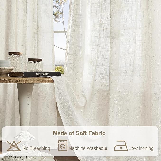 LAMIT Extra Wide Linen Curtains for Bedroom, Natural Cream Ivory Light Filtering Faux Linen Textured Panels Semi Sheer Back Tab and Rod Pocket Boho Drapes for Living Room, 2 Panels, 60 x 84 Inch